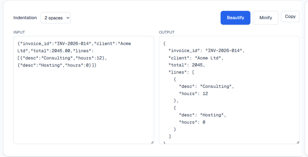 JSON Formatter beautifying a raw invoice JSON object into clean indented output with the Beautify, Minify and Copy controls